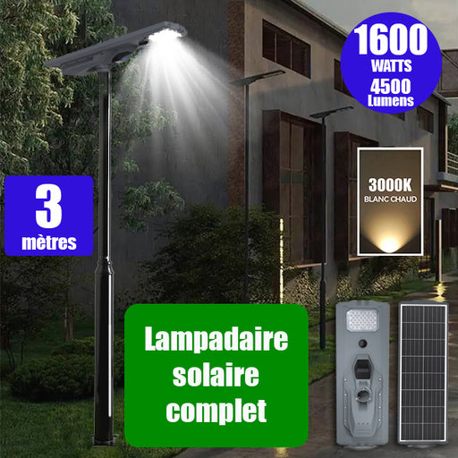 Pack lampadaire complet 3 mètres : Lampe solaire Série STARSHIP ULTRA 4500 - 1600 Watts - 4500 Lumens - 3000K + Mât STANDARD 3 mètres