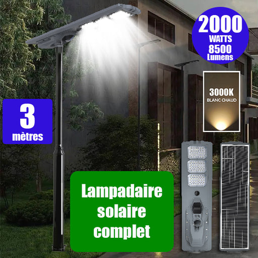 Pack lampadaire complet 3 mètres : Lampe solaire Série STARSHIP ULTRA 8500 - 2000 Watts - 8500 Lumens - 3000K + Mât STANDARD 3 mètres