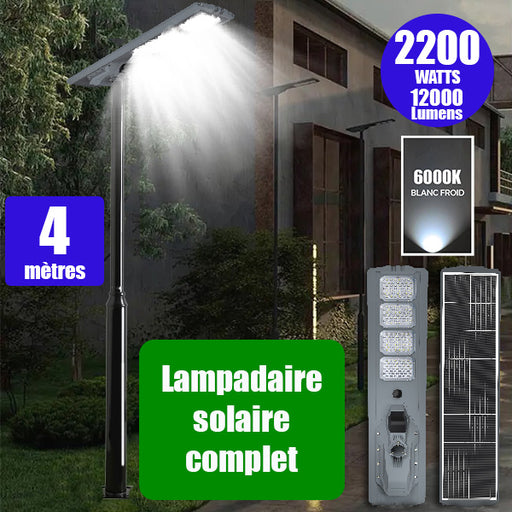 Pack lampadaire complet 4 mètres : Lampe solaire Série STARSHIP ULTRA 12000 - 2200 Watts - 12 000 Lumens - 6000K + Mât STANDARD 4 mètres