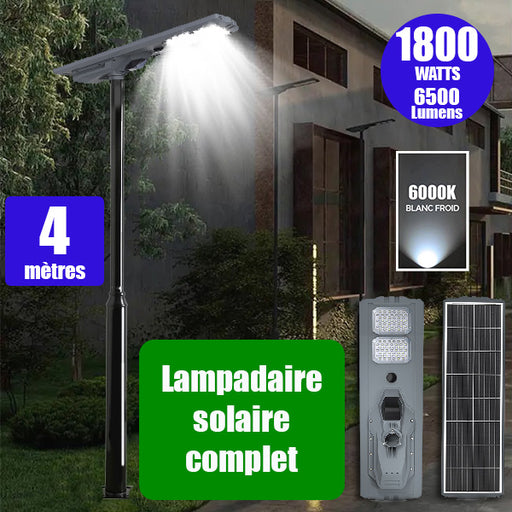 Pack lampadaire complet 4 mètres : Lampe solaire Série STARSHIP ULTRA 6500 - 1800 Watts - 6500 Lumens - 6000K + Mât STANDARD 4 mètres