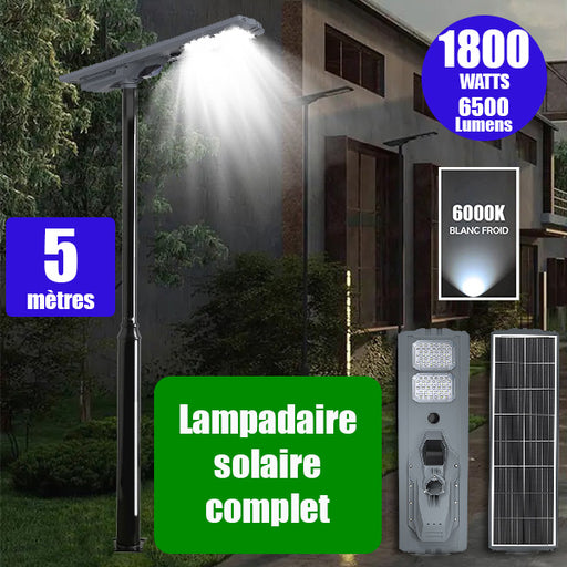 Pack lampadaire complet 5 mètres : Lampe solaire Série STARSHIP ULTRA 6500 - 1800 Watts - 6500 Lumens - 6000K + Mât STANDARD 5 mètres