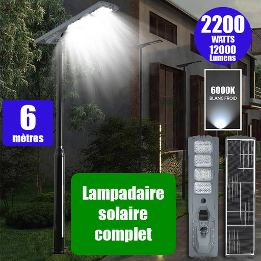 Pack lampadaire complet 6 mètres : Lampe solaire Série STARSHIP ULTRA 12000 - 2200 Watts - 12 000 Lumens - 6000K + Mât STANDARD 6 mètres
