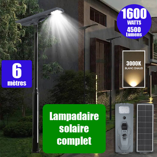 Pack lampadaire complet 6 mètres : Lampe solaire Série STARSHIP ULTRA 4500 - 1600 Watts - 4500 Lumens - 3000K + Mât STANDARD 6 mètres