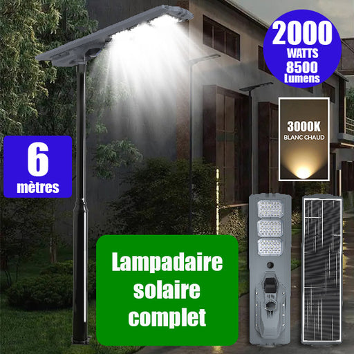 Pack lampadaire complet 6 mètres : Lampe solaire Série STARSHIP ULTRA 8500 - 2000 Watts - 8500 Lumens - 3000K + Mât STANDARD 6 mètres