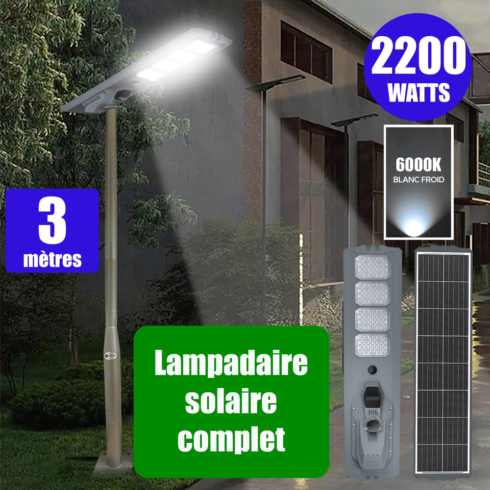 Pack lampadaire complet 3 mètres : Lampe solaire Série STARSHIP ULTRA 12000 - 2200 Watts - 12 000 Lumens - 6000K + Mât STANDARD 3 mètres au choix (Série STANDARD V1 EVO ou Série STANDARD V4 EVO - Avec trappe)