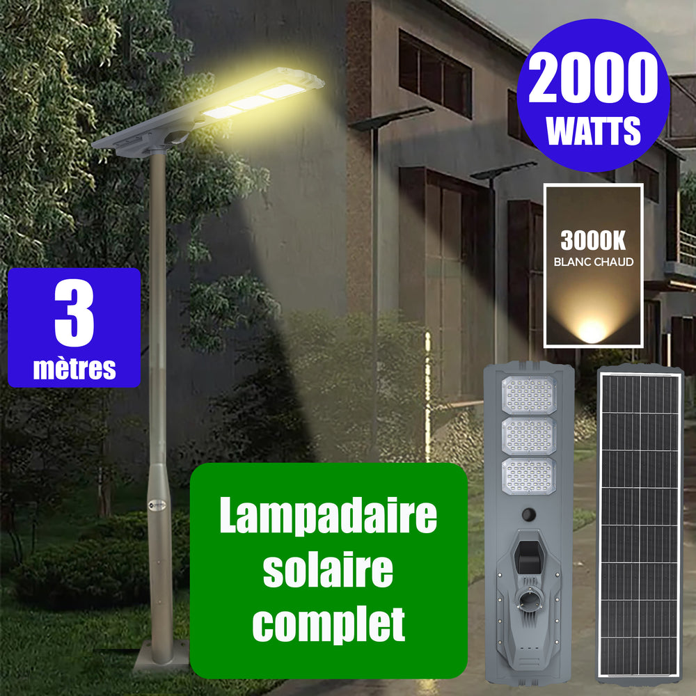 Pack lampadaire complet 3 mètres : Lampe solaire Série STARSHIP ULTRA 8500 - 2000 Watts - 8500 Lumens - 3000K + Mât STANDARD 3 mètres au choix (Série STANDARD V1 EVO ou Série STANDARD V4 EVO - Avec trappe)