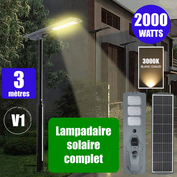 Pack lampadaire complet 3 mètres : Lampe solaire Série STARSHIP ULTRA 8500 - 2000 Watts - 8500 Lumens - 3000K + Mât STANDARD 3 mètres au choix (Série STANDARD V1 EVO ou Série STANDARD V4 EVO - Avec trappe)