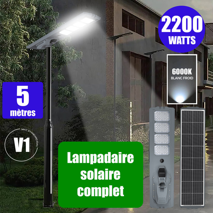 Pack lampadaire complet 5 mètres : Lampe solaire Série STARSHIP ULTRA 12000 - 2200 Watts - 12 000 Lumens - 6000K + Mât STANDARD 5 mètres au choix (Série STANDARD V1 EVO ou Série STANDARD V4 EVO - Avec trappe)