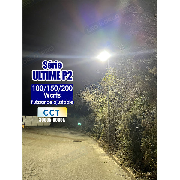 Pack de 10x Lampes de rue filaires - Série ULTIME P2 - CCT - Puissance ajustable 100 / 150 / 200 Watts - 180 Lumens/Watt - 53 x 30 x 6,5 cm - IP66 - Angle 150 x 90° - Tube d'insertion 60mm - Couleur Bronze foncé - Dimmable – Angle rotatif - Garantie 5 ans