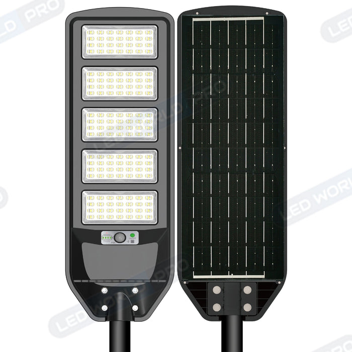 Pack lampadaire solaire complet 6 mètres : Lampe de rue et parking - Série VIEW V2 - 400 Watts - 3000k + Mât STANDARD (V1 EVO ou V4 EVO - Avec trappe) + Adaptateur tête de mât 80/50mm ou Support déporté 45mm
