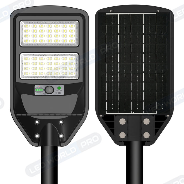 Pack lampadaire solaire complet double tête 5 mètres : 2x Lampes de rue et parking - Série VIEW V2 - 120 Watts - 6000k + Mât STANDARD 5 mètres au choix (Série STANDARD V1 EVO ou Série STANDARD V4 EVO - Avec trappe) + Double tête de mât + 2x Adaptateurs