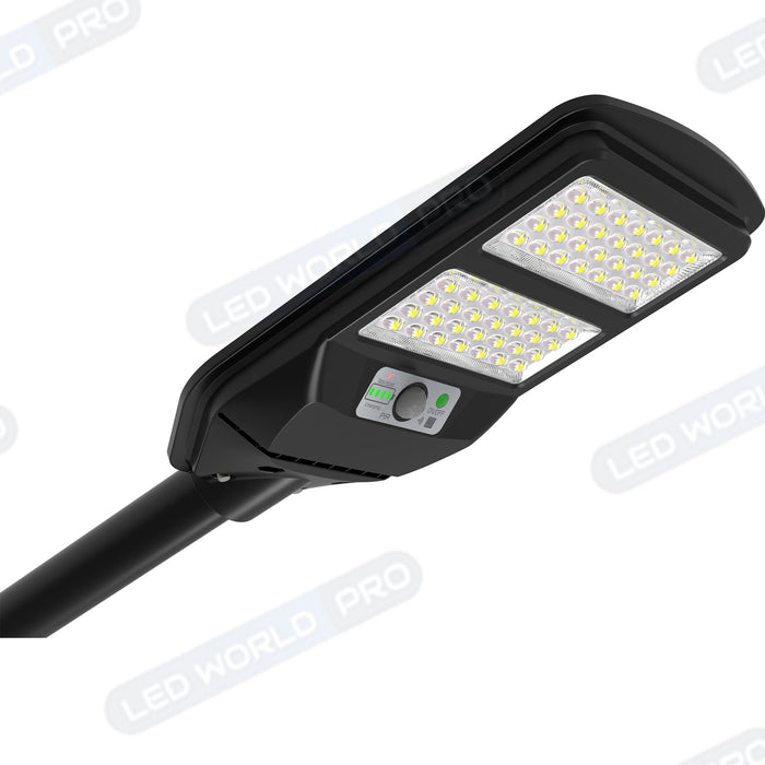 Pack lampadaire solaire complet double tête 3 mètres : 2x Lampes de rue et parking - Série VIEW V2 - 120 Watts - 6000k + Mât STANDARD 3 mètres au choix (Série STANDARD V1 EVO ou Série STANDARD V4 EVO - Avec trappe) + Double tête de mât + 2x Adaptateurs