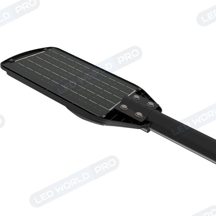 Pack lampadaire solaire complet double tête 5 mètres : 2x Lampes de rue et parking - Série VIEW V2 - 120 Watts - 6000k + Mât STANDARD 5 mètres au choix (Série STANDARD V1 EVO ou Série STANDARD V4 EVO - Avec trappe) + Double tête de mât + 2x Adaptateurs