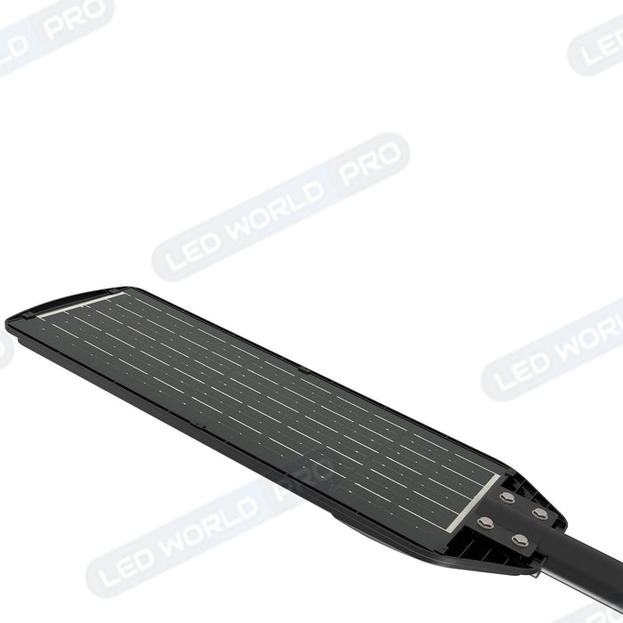 Pack de 2x Solaires - Luminaire LED pour Candélabre / Lampe de rue et parking - Série VIEW V2 - 400 Watts - 2700 Lumens - Angle 140*70° - Lampe 72 x 25 x 5 cm - Panneau MONOCRISTALLIN - 61 x 23 cm - Détecteur de mouvement - 6000k - Tube d'insertion 45mm