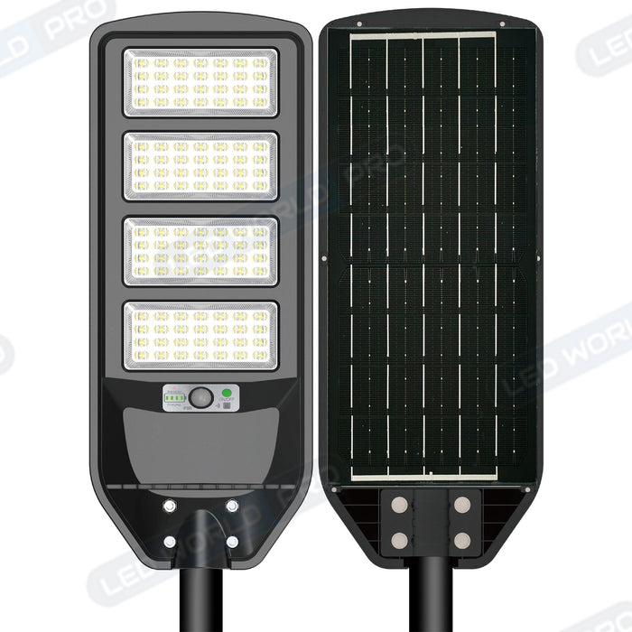 Pack lampadaire solaire complet double tête 6 mètres : 2x Lampes de rue et parking - Série VIEW V2 - 300 Watts - 3000k + Mât STANDARD 6 mètres au choix (Série STANDARD V1 EVO ou Série STANDARD V4 EVO - Avec trappe) + Double tête de mât + 2x Adaptateurs