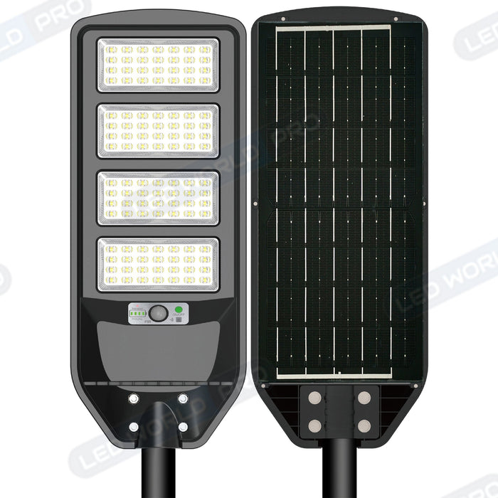 Pack lampadaire solaire complet double tête 4 mètres : 2x Lampes de rue et parking - Série VIEW V2 - 300 Watts - 6000k + Mât STANDARD 4 mètres au choix (Série STANDARD V1 EVO ou Série STANDARD V4 EVO - Avec trappe) + Double tête de mât + 2x Adaptateurs