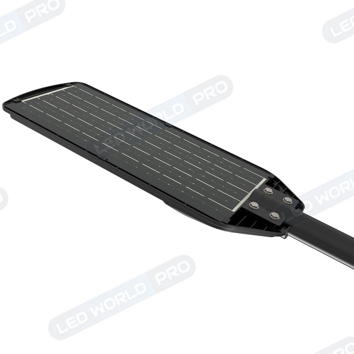 Pack lampadaire solaire complet double tête 6 mètres : 2x Lampes de rue et parking - Série VIEW V2 - 300 Watts - 3000k + Mât STANDARD 6 mètres au choix (Série STANDARD V1 EVO ou Série STANDARD V4 EVO - Avec trappe) + Double tête de mât + 2x Adaptateurs