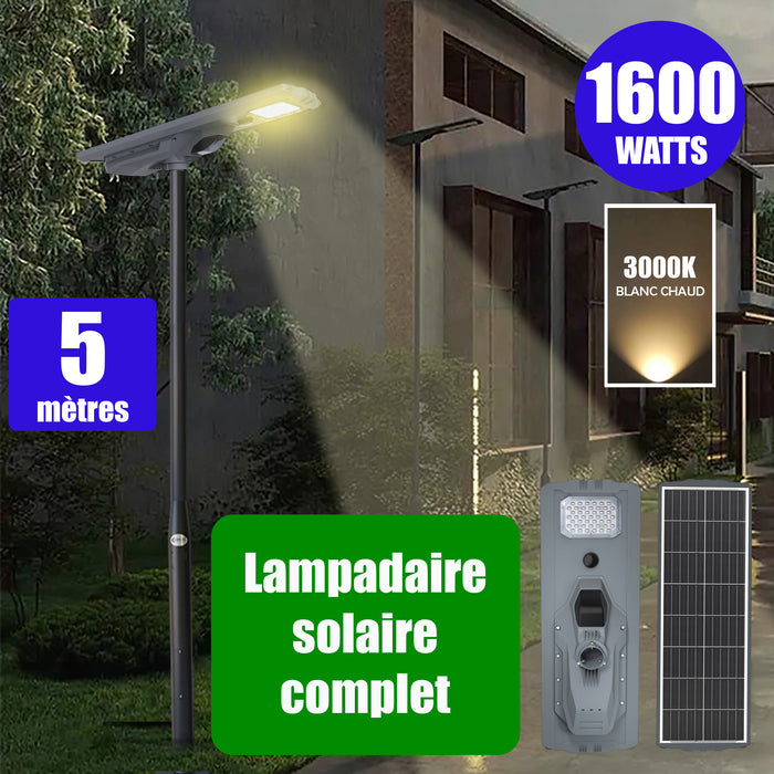 Pack lampadaire complet 5 mètres : Lampe solaire Série STARSHIP ULTRA 4500 - 1600 Watts - 4500 Lumens - 3000K + Mât STANDARD 5 mètres au choix (Série STANDARD V1 EVO ou Série STANDARD V4 EVO - Avec trappe)