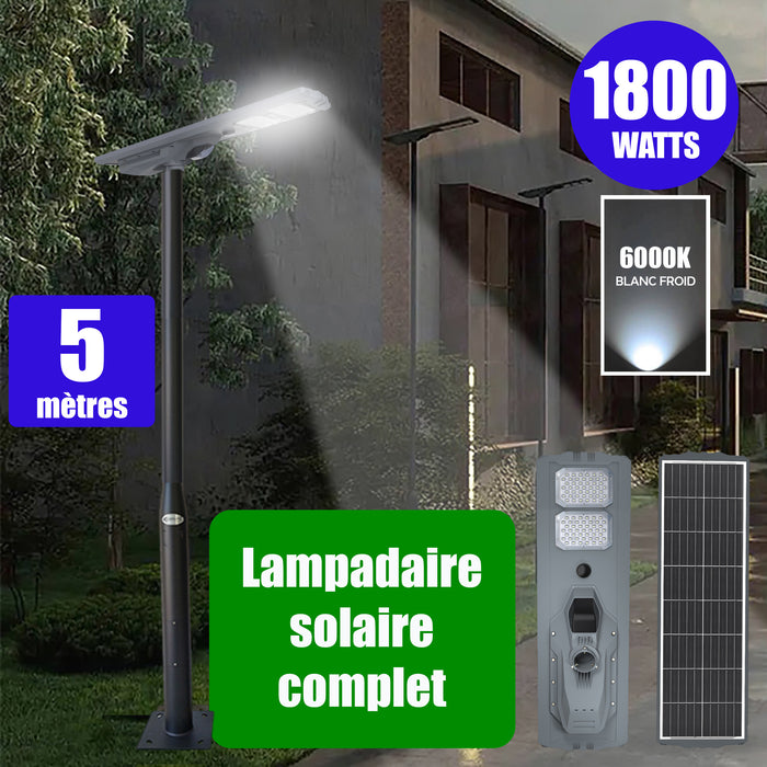 Pack lampadaire complet 5 mètres : Lampe solaire Série STARSHIP ULTRA 6500 - 1800 Watts - 6500 Lumens - 6000K + Mât STANDARD 5 mètres au choix (Série STANDARD V1 EVO ou Série STANDARD V4 EVO - Avec trappe)