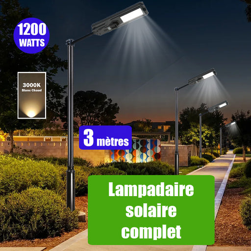 Pack lampadaire complet 3 mètres : Lampe solaire Série STARSHIP 1200 Watts - 3600 Lumens - 3000K + Mât STANDARD 3 mètres