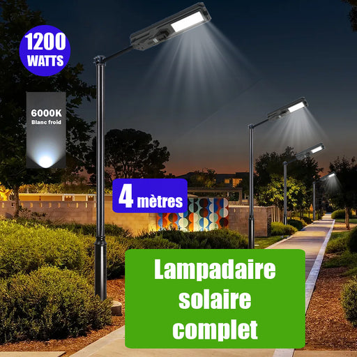 Pack lampadaire complet 4 mètres : Lampe solaire Série STARSHIP 1200 Watts - 3600 Lumens - 6000K + Mât STANDARD 4 mètres