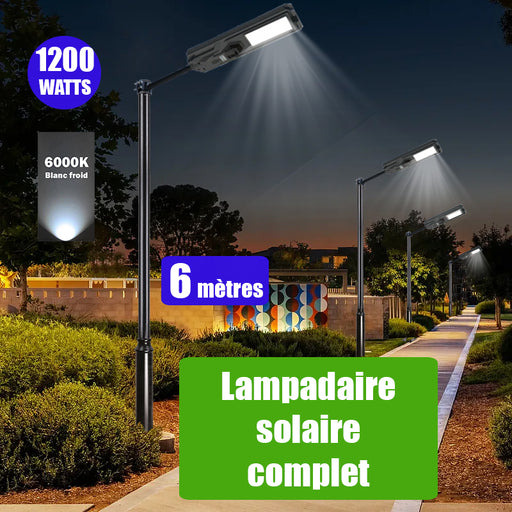 Pack lampadaire complet 6 mètres : Lampe solaire Série STARSHIP 1200 Watts - 3600 Lumens - 6000K + Mât STANDARD 6 mètres
