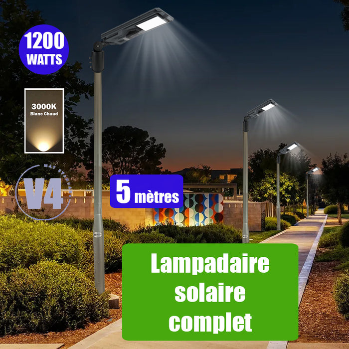 Pack lampadaire complet 5 mètres : Lampe solaire Série STARSHIP 1200 Watts - 3600 Lumens - 3000K + Mât STANDARD 5 mètres au choix (Série STANDARD V1 EVO ou Série STANDARD V4 EVO - Avec trappe) + Support déporté 45mm ou Adaptateur tête de mât 80/50 mm