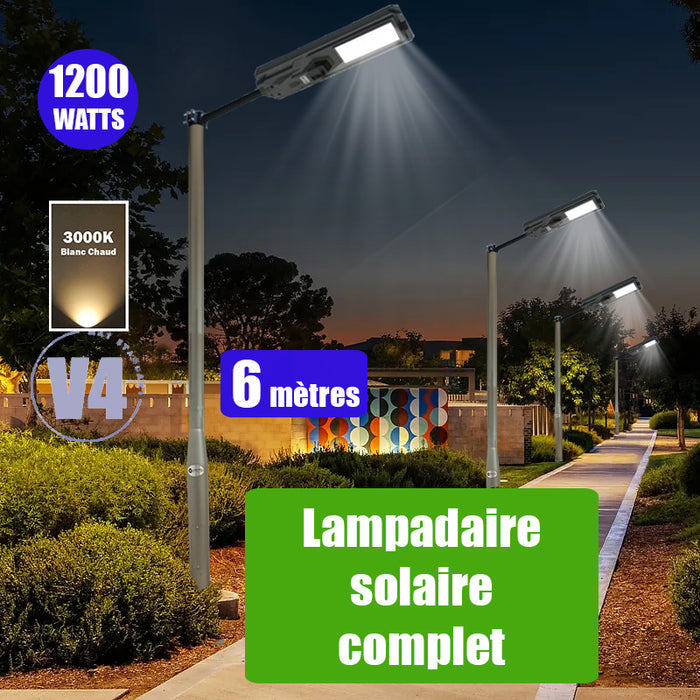 Pack lampadaire complet 6 mètres : Lampe solaire Série STARSHIP 1200 Watts - 3600 Lumens - 3000K + Mât STANDARD 6 mètres au choix (Série STANDARD V1 EVO ou Série STANDARD V4 EVO - Avec trappe) + Support déporté 45mm ou Adaptateur tête de mât 80/50 mm