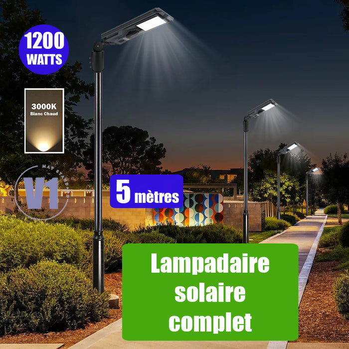 Pack lampadaire complet 5 mètres : Lampe solaire Série STARSHIP 1200 Watts - 3600 Lumens - 3000K + Mât STANDARD 5 mètres au choix (Série STANDARD V1 EVO ou Série STANDARD V4 EVO - Avec trappe) + Support déporté 45mm ou Adaptateur tête de mât 80/50 mm