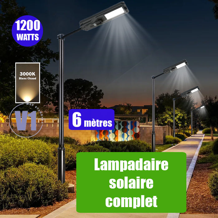 Pack lampadaire complet 6 mètres : Lampe solaire Série STARSHIP 1200 Watts - 3600 Lumens - 3000K + Mât STANDARD 6 mètres au choix (Série STANDARD V1 EVO ou Série STANDARD V4 EVO - Avec trappe) + Support déporté 45mm ou Adaptateur tête de mât 80/50 mm