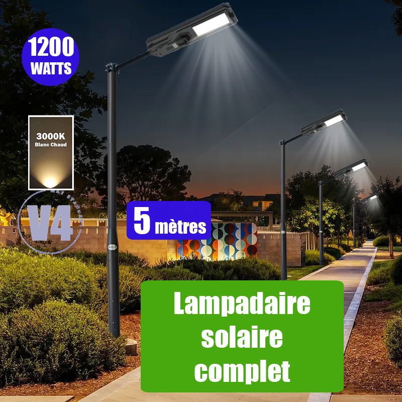 Pack lampadaire complet 5 mètres : Lampe solaire Série STARSHIP 1200 Watts - 3600 Lumens - 3000K + Mât STANDARD 5 mètres au choix (Série STANDARD V1 EVO ou Série STANDARD V4 EVO - Avec trappe) + Support déporté 45mm ou Adaptateur tête de mât 80/50 mm