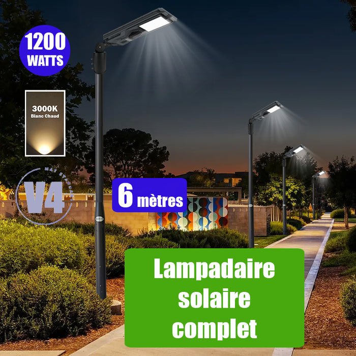 Pack lampadaire complet 6 mètres : Lampe solaire Série STARSHIP 1200 Watts - 3600 Lumens - 3000K + Mât STANDARD 6 mètres au choix (Série STANDARD V1 EVO ou Série STANDARD V4 EVO - Avec trappe) + Support déporté 45mm ou Adaptateur tête de mât 80/50 mm