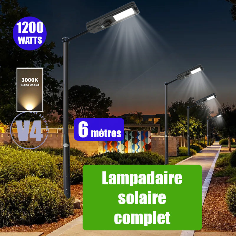 Pack lampadaire complet 6 mètres : Lampe solaire Série STARSHIP 1200 Watts - 3600 Lumens - 3000K + Mât STANDARD 6 mètres au choix (Série STANDARD V1 EVO ou Série STANDARD V4 EVO - Avec trappe) + Support déporté 45mm ou Adaptateur tête de mât 80/50 mm