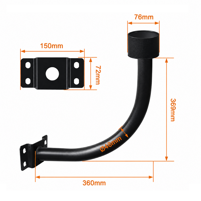 Support mural ou de mât pour lampe – Perpendiculaire rond - CIRCLE V3 – Diamètre 76mm – Longueur 50cm – Couleur NOIR - Modèle renforcé avec antirouille
