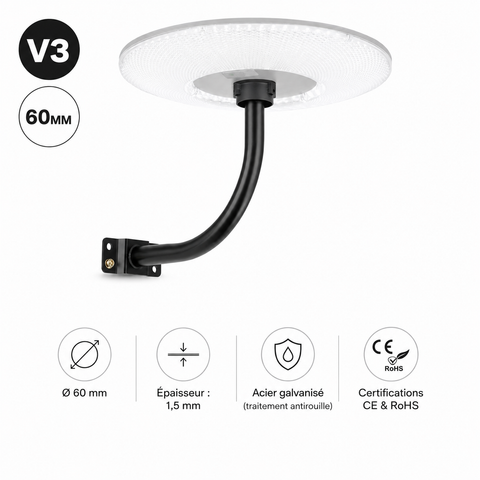 Support mural ou de mât pour lampe – Perpendiculaire rond - CIRCLE V3 – Diamètre 60mm – Longueur 50cm – Couleur NOIR - Modèle renforcé avec antirouille