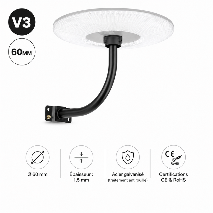 Support mural ou de mât pour lampe – Perpendiculaire rond - CIRCLE V3 – Diamètre 60mm – Longueur 50cm – Couleur NOIR - Modèle renforcé avec antirouille
