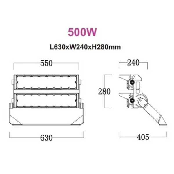 Projecteur de stade filaire - Série EVASION V2 - 500 Watts - 85 000 Lumens - 170 Lumens/Watt - Angle 20° / 40° / 60° / 90° au choix - IP66 - 63 x 28 x 24 cm  - Transformateur PHILIPS Xitanium -5000k - Dimmable 1-10V - Garantie 5 ans