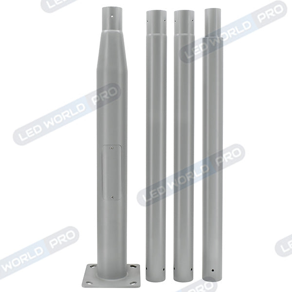 Mât / Poteau pour lampe de rue - Nouveau design - Série STANDARD V4 ECO avec trappe - 4 mètres - Entraxe latéral des trous 160mm - Couleur GRIS - Capuchon en plastique - Base de fondation incluse