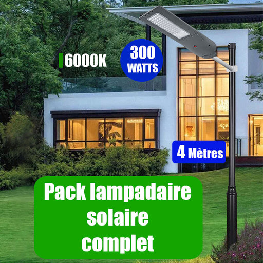 Pack lampadaire complet 4 mètres : Lampe solaire Série VIEW EVO 300 Watts 6000k + Mât STANDARD 4 mètres