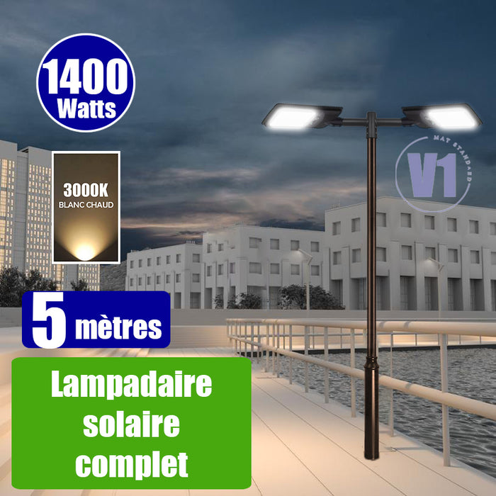 Pack lampadaire complet double tête 5 mètres : 2x Lampadaires solaires - Série VIEW V2 EVO 1400 Watts - 4500 Lumens - 3000k/6000k au choix + Mât STANDARD V1 EVO 5 mètres + Double tête de mât en ligne ou perpendiculaire