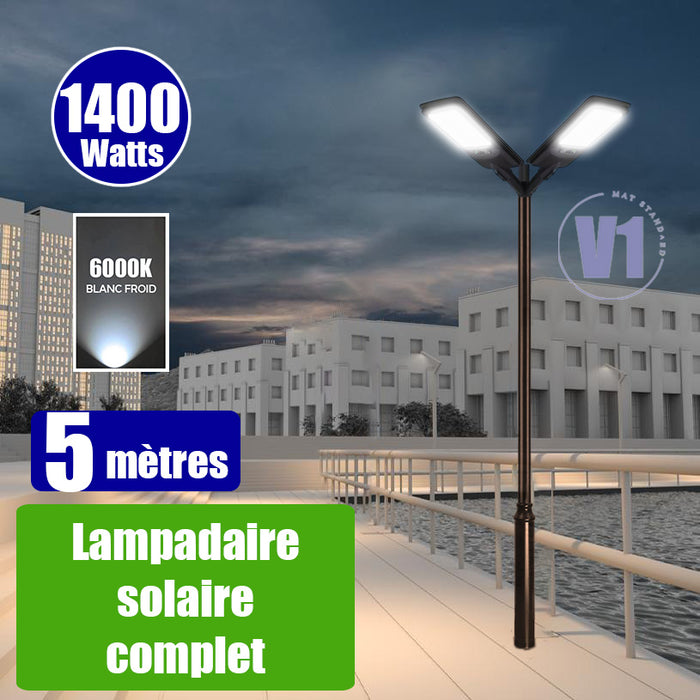 Pack lampadaire complet double tête 5 mètres : 2x Lampadaires solaires - Série VIEW V2 EVO 1400 Watts - 4500 Lumens - 6000k + Mât STANDARD V1 EVO 5 mètres + Double tête de mât en ligne ou perpendiculaire