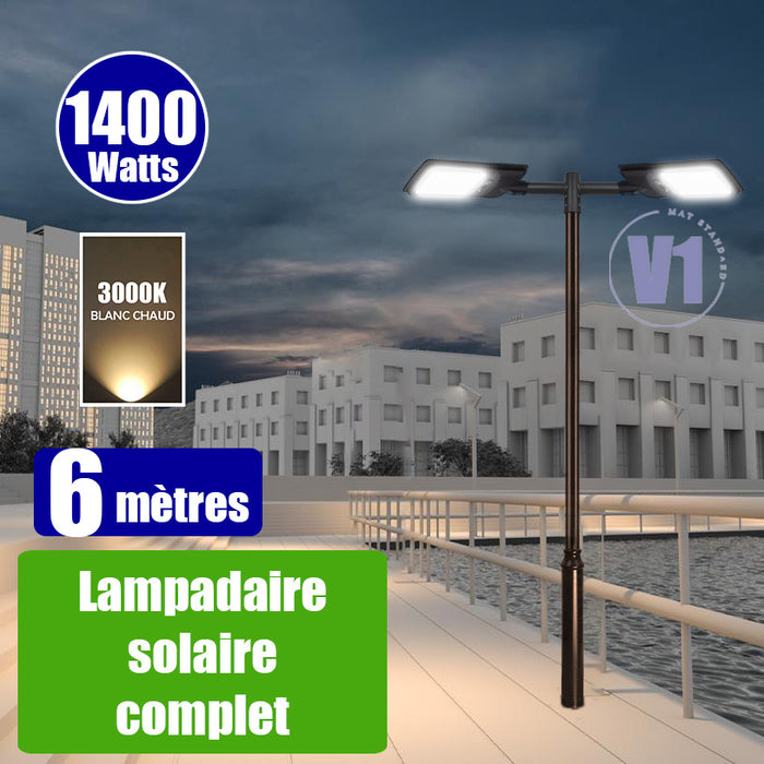 Pack lampadaire complet double tête 6 mètres : 2x Lampadaires solaires - Série VIEW V2 EVO 1400 Watts - 4500 Lumens - 3000k/6000k au choix + Mât STANDARD V1 EVO 6 mètres + Double tête de mât en ligne ou perpendiculaire