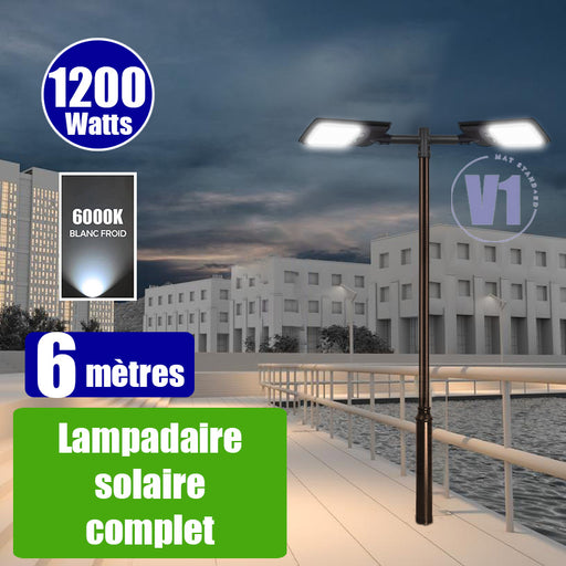 Pack lampadaire complet double tête 6 mètres : 2x Lampadaires solaires - Série VIEW V2 EVO 1200 Watts - 3600 Lumens - 6000k + Mât STANDARD V1 EVO 6 mètres + Double tête de mât en ligne ou perpendiculaire