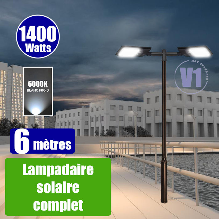 Pack lampadaire complet double tête 6 mètres : 2x Lampadaires solaires - Série VIEW V2 EVO 1400 Watts - 4500 Lumens - 6000k + Mât STANDARD V1 EVO 6 mètres + Double tête de mât en ligne ou perpendiculaire
