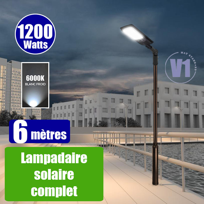 Pack lampadaire complet 6 mètres : Lampadaire solaire - Série VIEW V2 EVO 1200 Watts - 3600 Lumens - 6000k + Mât STANDARD V1 EVO 6 mètres + Adaptateur ajustable 80/50mm ou Support déporté 45mm