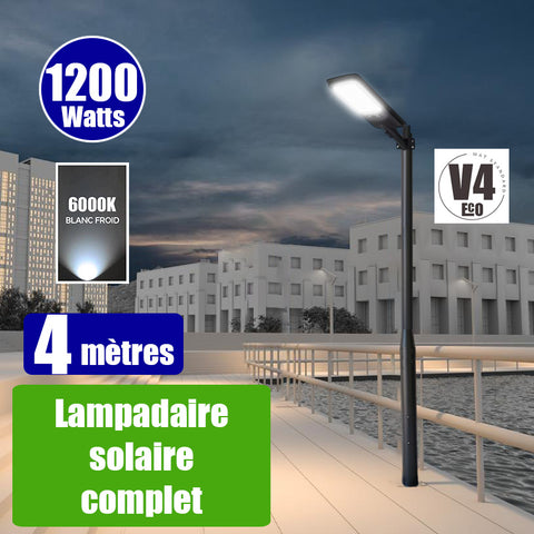Pack lampadaire complet 4 mètres : Lampadaire solaire - Série VIEW V2 EVO 1200 Watts - 3600 Lumens - 3000k / 6000k au choix + Mât STANDARD 4 mètres au choix ( V1 EVO ou V4 ECO - Avec trappe) + Adaptateur ajustable 80/50mm ou Support déporté 45mm