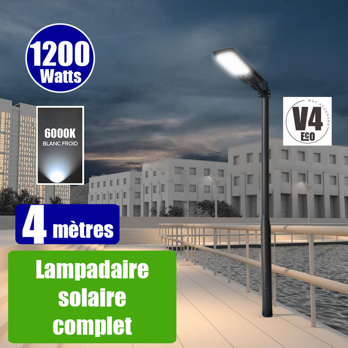 Pack lampadaire complet 4 mètres : Lampadaire solaire - Série VIEW V2 EVO 1200 Watts - 3600 Lumens - 6000k + Mât STANDARD 4 mètres au choix ( V1 EVO ou V4 ECO - Avec trappe) + Adaptateur ajustable 80/50mm ou Support déporté 45mm