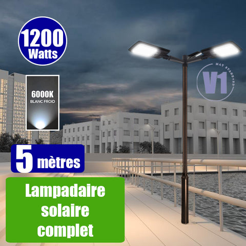 Pack lampadaire complet triple tête 5 mètres : 3x Lampadaires solaires - Série VIEW V2 EVO 1200 Watts - 3600 Lumens - 3000k / 6000k au choix + Mât STANDARD V1 EVO 5 mètres + Triple tête de mât perpendiculaire