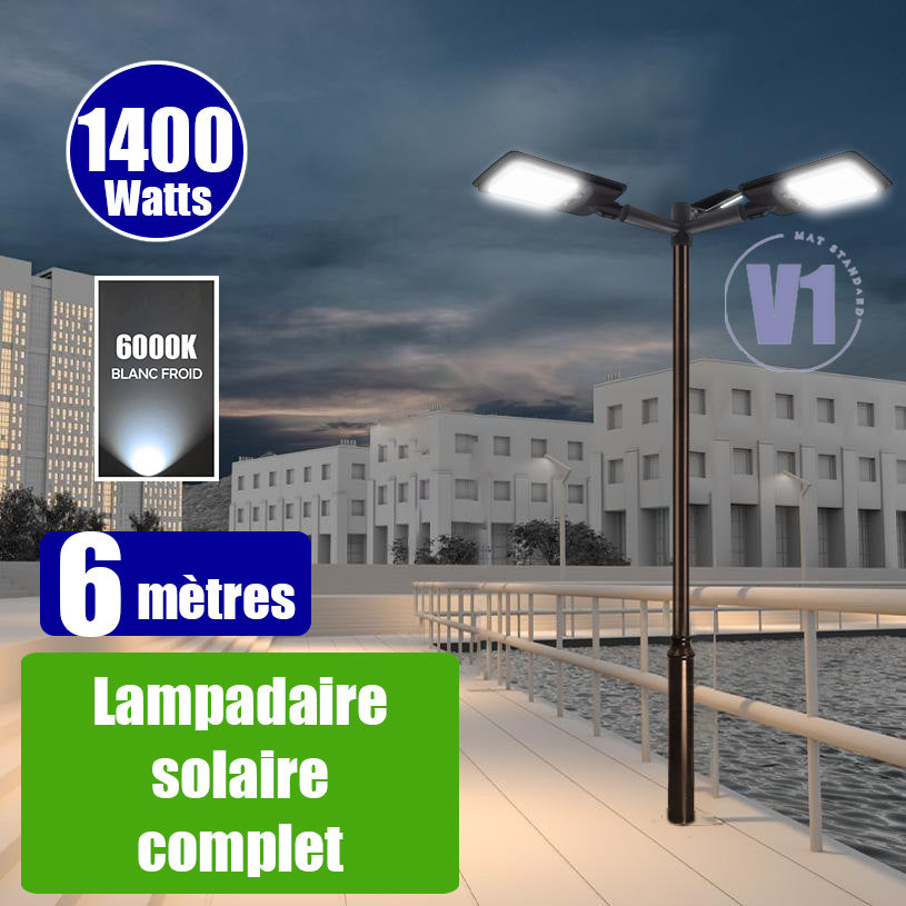 Pack lampadaire complet triple tête 6 mètres : 3x Lampadaires solaires - Série VIEW V2 EVO 1400 Watts - 4500 Lumens - 6000k + Mât STANDARD V1 EVO 6 mètres + Triple tête de mât perpendiculaire