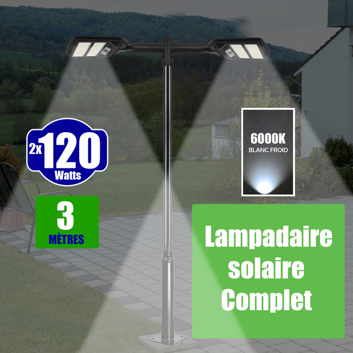 Pack lampadaire solaire complet double tête 3 mètres : 2x Lampes de rue et parking - Série VIEW V2 - 120 Watts - 6000k + Mât STANDARD 3 mètres au choix (Série STANDARD V1 EVO ou Série STANDARD V4 EVO - Avec trappe) + Double tête de mât + 2x Adaptateurs